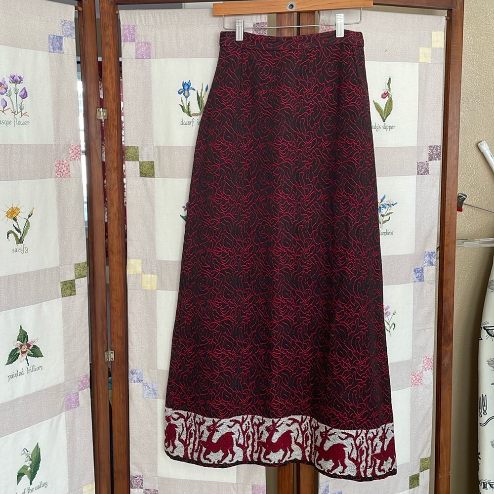 Vintage Nirvana cotton tapestry red/black maxi skirt w/ prancing deer hem/motif
